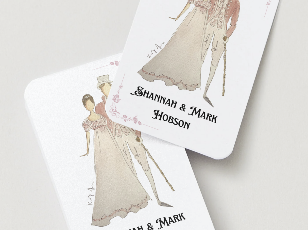 Watercolor fashion plate of regency dancers